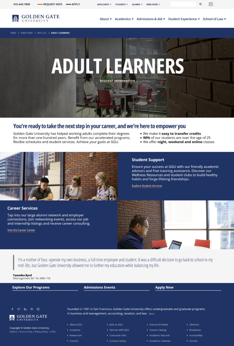 An image of the Adult Learners page on the Golden Gate University website.