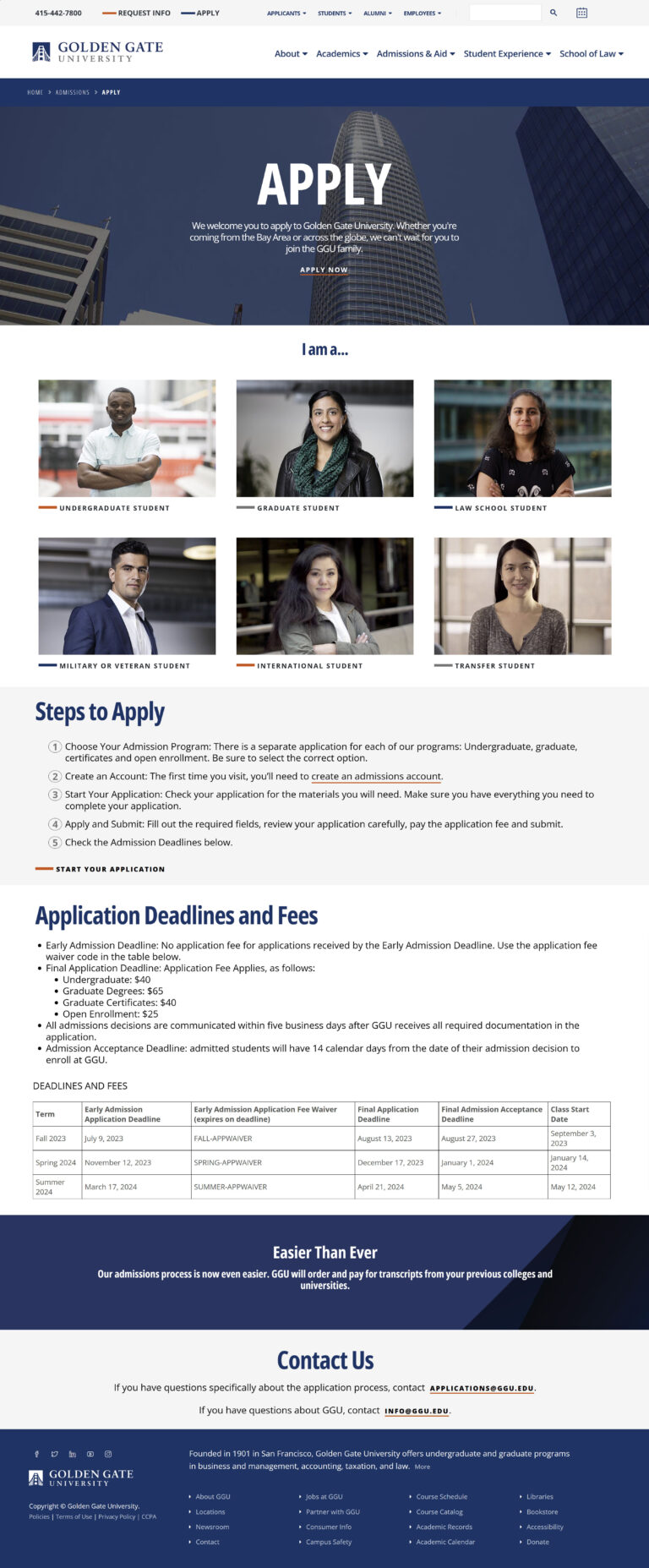 An image of the Apply page on the Golden Gate University website.