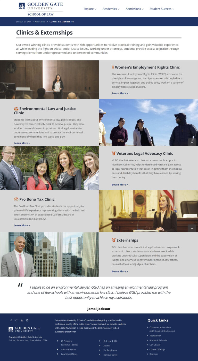 An image of the Clinics page on the Golden Gate University Law School website.