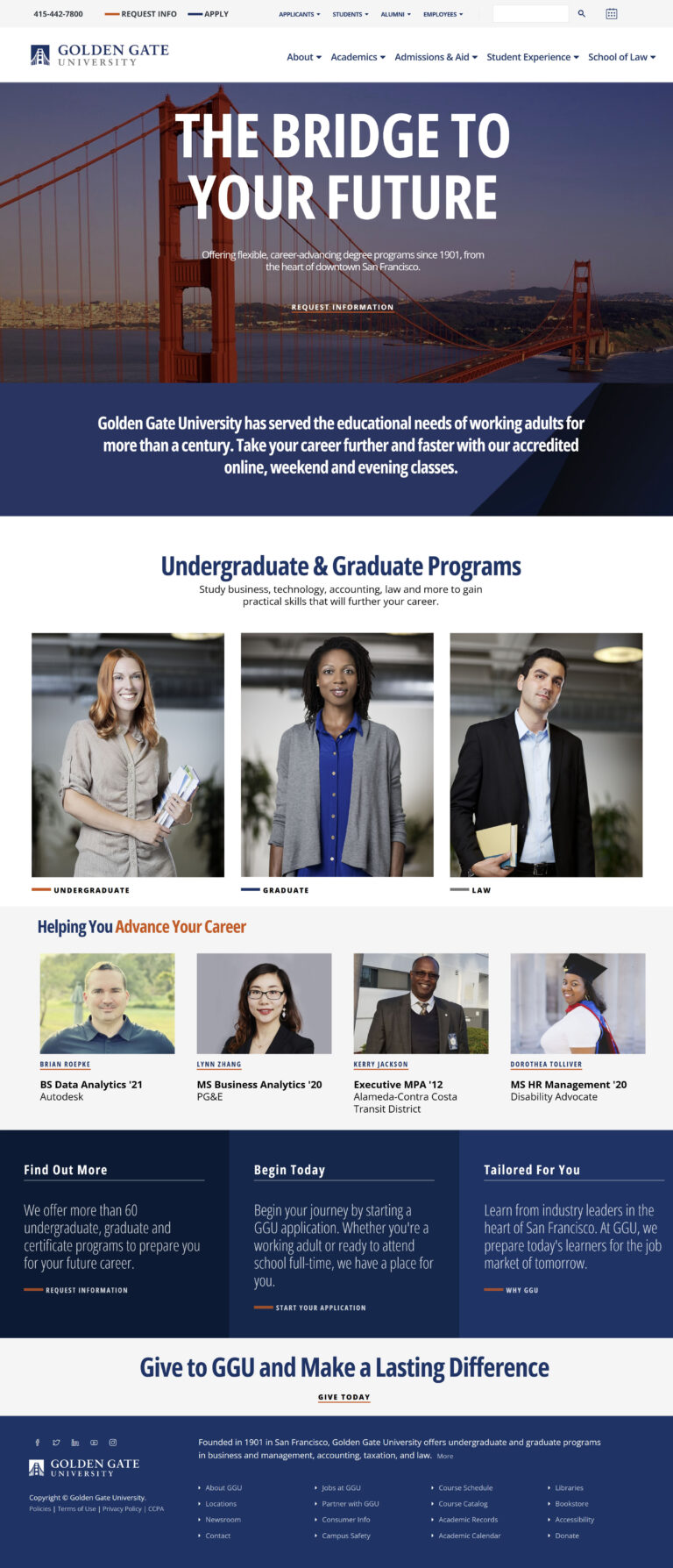 An image of the home page on the Golden Gate University website.