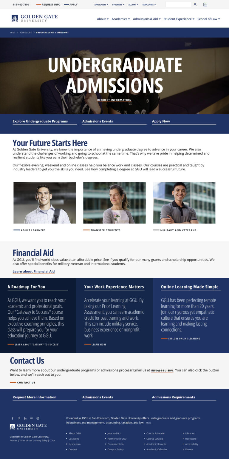 An image of the Undergraduate Admissions page on the Golden Gate University website.