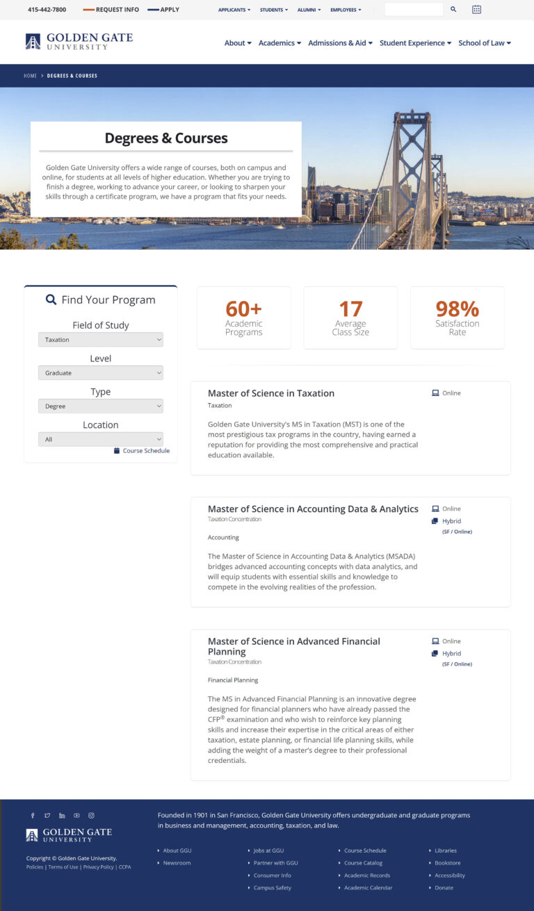 Golden Gate University - Degrees & Courses filter